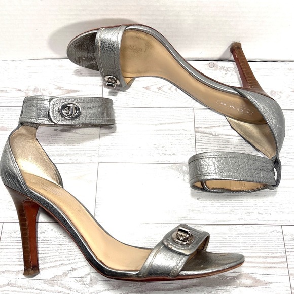 Coach Shoes - Coach Silver Metallic Buckle Ankle Strap Stiletto Heels Sandals Womens Sz 8